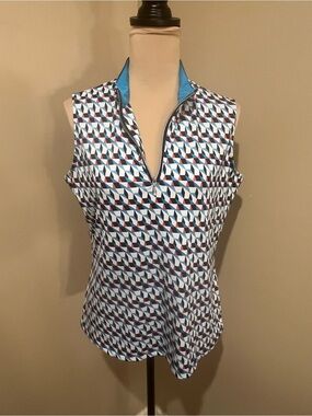 Tail Sleeveless Geometric 1/4 Zip Golf Tank in White, Blue & Red, Large